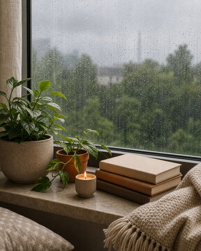 Rainy window with plants and books background