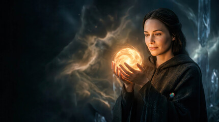 Naklejka premium Woman holds glowing orb in her hands. Her eyes show calm focus and wonder. Dark, swirling mist surrounds her. Her cloak suggests ancient or magical origins. The orb emits warm, golden light