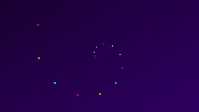 Abstract spiral motion background, with colorful floating, squares on deep, purple gradient
