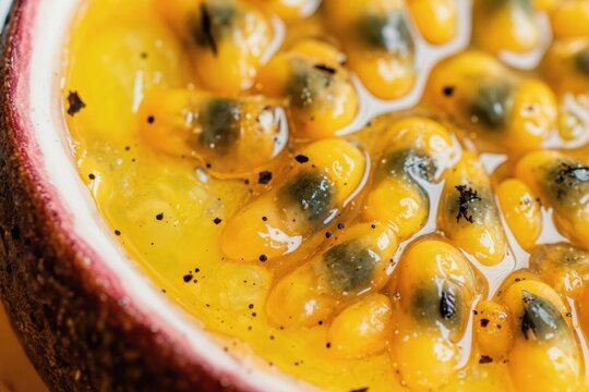 Close view of ripe passion fruit pulp with seeds. Juicy yellow interior pulp and dark seeds texture. Exotic tropical fruit flesh bright vibrant color.