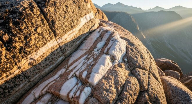 Granite rock formation with quartz veins under sunlight