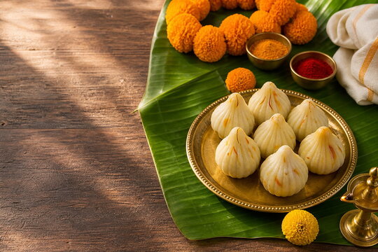 Ganesh Chaturthi modak on banana leaf background