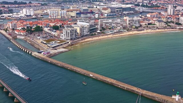 Drone view of La Petite Jet&eacute;e and lighthouse Phare des Sable, harbor entrance in Les Sables-d'Olonne, France