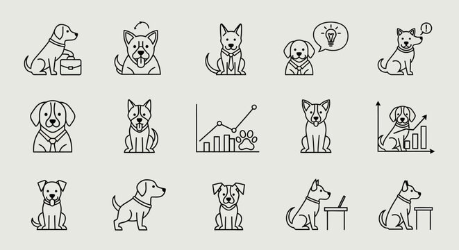 Dog icons set business communication and analytics concepts