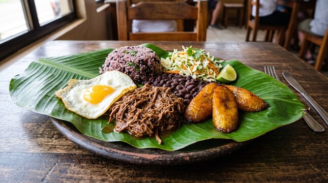 Traditional Costa Rican Casado Platter on Plantain Leaf