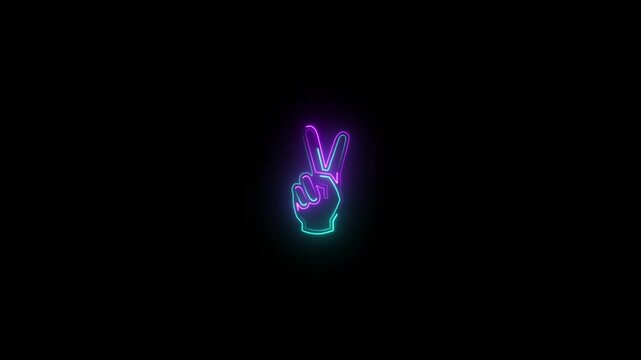 Neon V sign icon colorful animation black background. Glowing hand with two fingers in piece gesture. animation on a black background. 