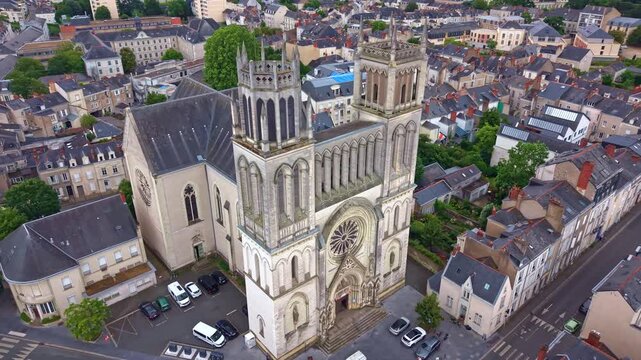 Historic Eglise Saint-Joseph in Angers, France. Aerial drone view, cityscape