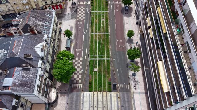 Boulevard du Mar&eacute;chal-Foch with tram lines, downtown Angers in France. Aerial top-down forward
