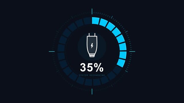 Digital Battery Charging Progress Indicator with High Fidelity Futuristic Energy Level Visualization and Glowing Neon Blue Interface Design