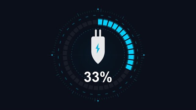 Digital progress indicator displaying 33 percent power charging status with an electric plug icon, ideal for data visualization loops in technology and user interfaces
