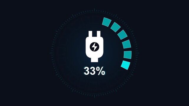 Charging battery indicator with 33% level, electric plug symbol and glowing segments on dark background
