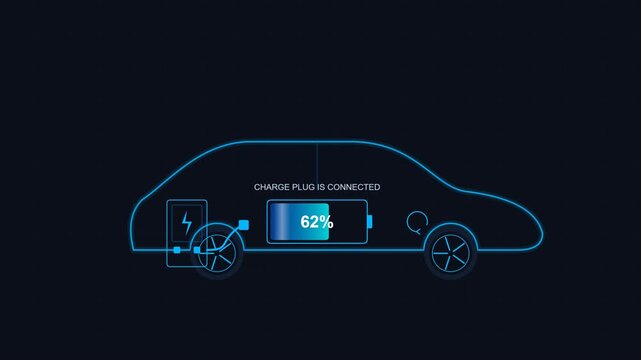 Futuristic electric vehicle charging process visualized on a high-fidelity digital interface, clearly indicating battery percentage and connected plug for modern clean energy