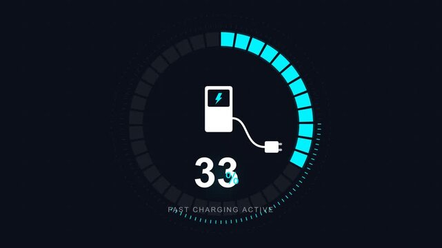 Premium Electric Vehicle Charging Battery Status HUD Interface with Digital Progress Percentage and Energy Indicator