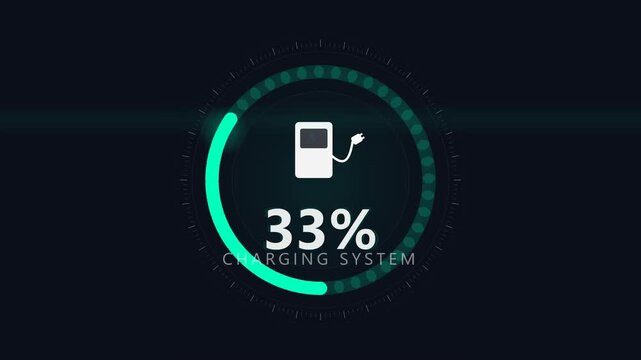 Futuristic Electric Vehicle Battery Charging Progress Indicator with 33 Percent Loading Loop System on Dark Background