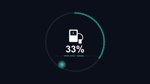 Circular progress bar animation displaying 33% charging status with a futuristic electric vehicle charging icon, ideal for technology and innovation concepts