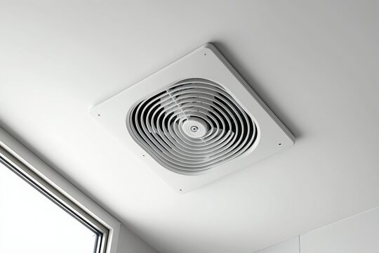 Ceiling exhaust fan vent for ventilation in homes. Square plastic grille with spiral pattern removes bad air and moisture. Modern bathroom appliance for fresh air.