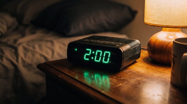 Digital alarm clock on bedside table next to warm lamp with coffee mug in blurred bedroom background showing morning time for sleep routine in modern home dwelling lifestyle setting.