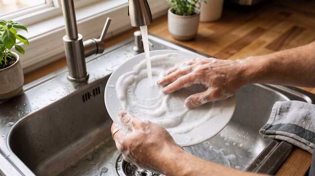 Close up of hands washing a white dish with soap suds under running tap water cleaning domestic dishware crockery maintenance housework lifestyle countertop