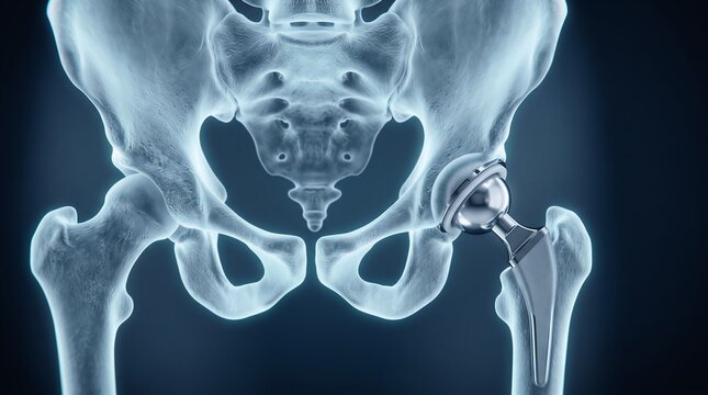 Digital x-ray view of a hip joint replacement surgery showing the metallic implant in the human pelvis and femur bone for orthopedic medical treatment with replacement