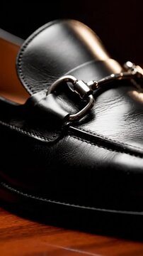 A close up of a black leather loafer with metal detail