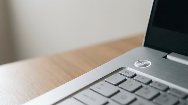 Close up of a silver laptop with glowing power button on desk