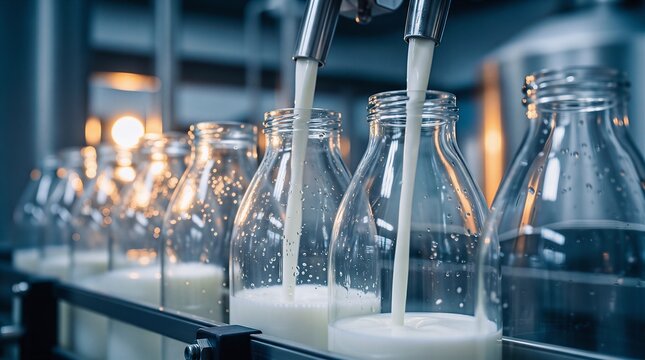 Industrial milk filling process in dairy bottling plant with production industrial automated beverage bottling technology manufacturing conveyor industry