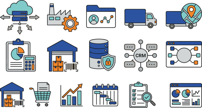 Enterprise resource planning erp and global logistics vector icons set with business data analytics on white background