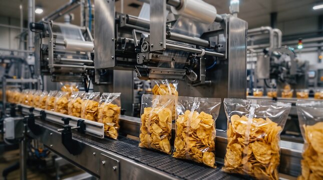 Industrial potato chip packaging process in a snack food factory with packaging production industrial manufacturing conveyor automated technology automatic