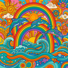 Fototapeta premium Psychedelic Rainbow Dolphins Ocean Waves Sun