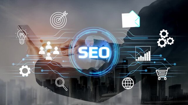 Modern Digital Marketing Concept with SEO Strategies and Technology Elements Represented Over a Businessman Hands Holding a Smartphone Amidst City Skyline. Entropy.