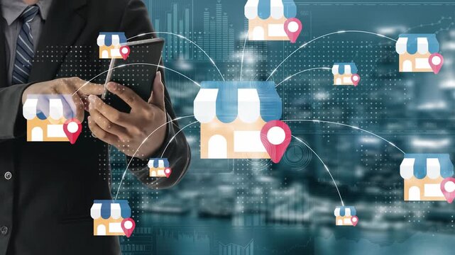 Businessman using smartphone to connect with multiple online stores through digital marketing networks, concept of e-commerce growth and online shopping experience Gluon.