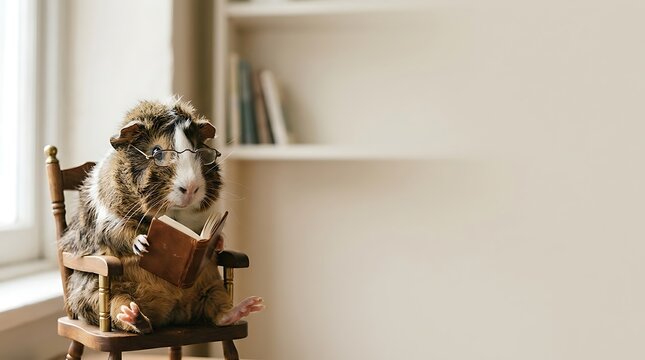 Guinea pig wearing glasses sitting in a chair reading a tiny book