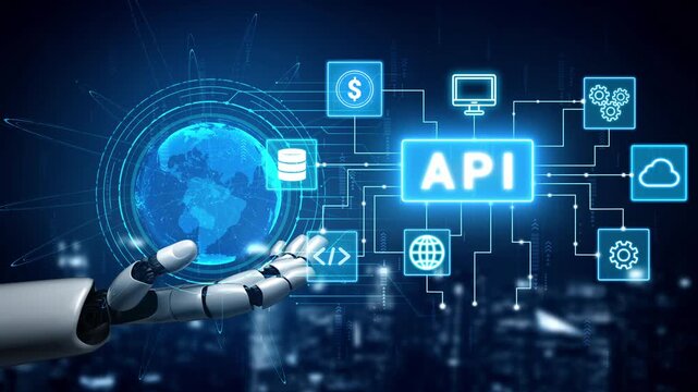 Futuristic robotic hand interacting with digital world showcasing API integration, global connectivity, and data exchange in a modern technology landscape. Entropy.