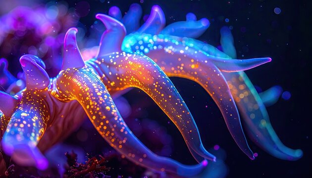 Bioluminescent neon sea slug with glowing orange tentacles.