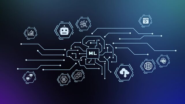 High tech electronic circuit line art banner for machine learning. Automated prediction model and ML concept design.