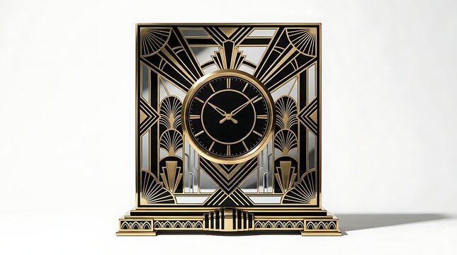 Elegant gold and black art deco table clock on white background
