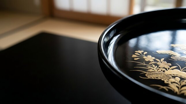 Elegant japanese black lacquerware plate with gold floral patterns