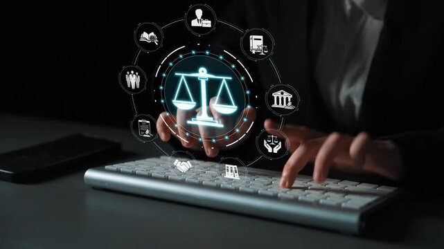 Person Using Keyboard with Justice and Law Icons on Screen Representing Legal Concepts, Technology, and Digital Law Sigmoid