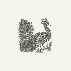 Fototapeta premium Elegant Floral Peacock Vintage Line Art Illustration with Ornamental Feather Details
