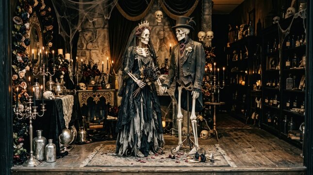 Skeleton bride and groom in haunted Halloween wedding room with candles.