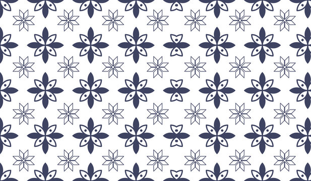 Dark navy and white seamless floral ornament tile pattern with ornament