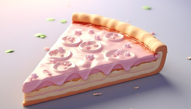 A slice of cake with pink frosting and decorative toppings on a plain background