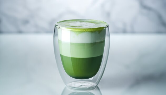 A layered matcha green tea latte in a clear glass cup on a white marble surface