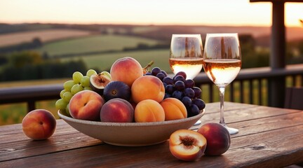 Obraz premium Wooden table with bowl of fresh fruit and two wine glasses. Outdoor terrace overlooking countryside at sunset. Peaceful evening meal setting for romantic relaxation or celebration.