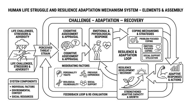 Human struggle and resilience adaptation mechanism flowchart.