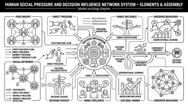 Infographic detailing social pressure and decision-making systems.