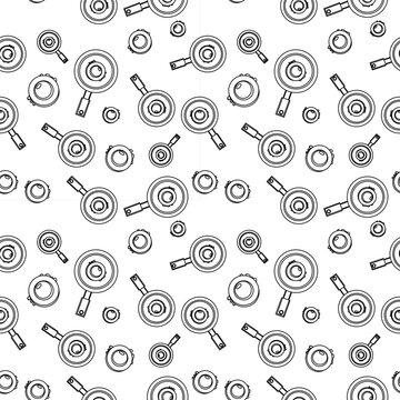 Cute seamless vector pattern presenting detailed fried eggs in hot pans for breakfast theme coloring book pages.