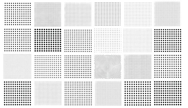 Comprehensive collection of twenty-four diverse black and white halftone patterns and textures arranged in a neat grid format.