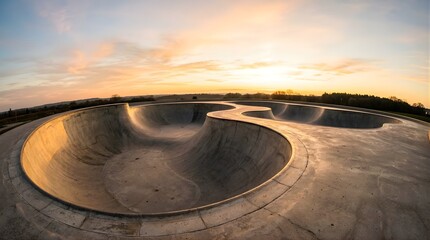 Fototapeta premium Empty concrete skate park bowl at sunset under a dramatic orange sky