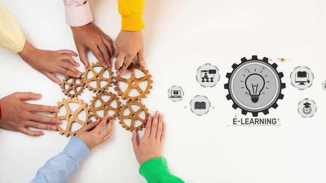Diverse hands organize wooden gears, symbolizing collaboration in e-learning. The visual incorporates icons representing digital education, innovation, and teamwork. Raster